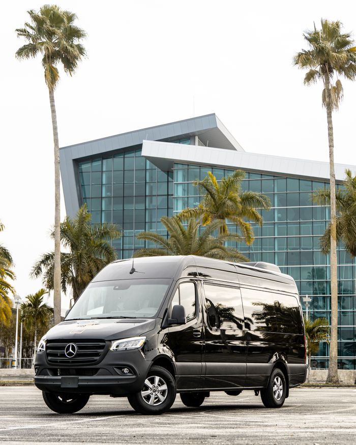 team-01 Black Mercedes-Benz Sprinter van in urban setting with modern building and palm trees.