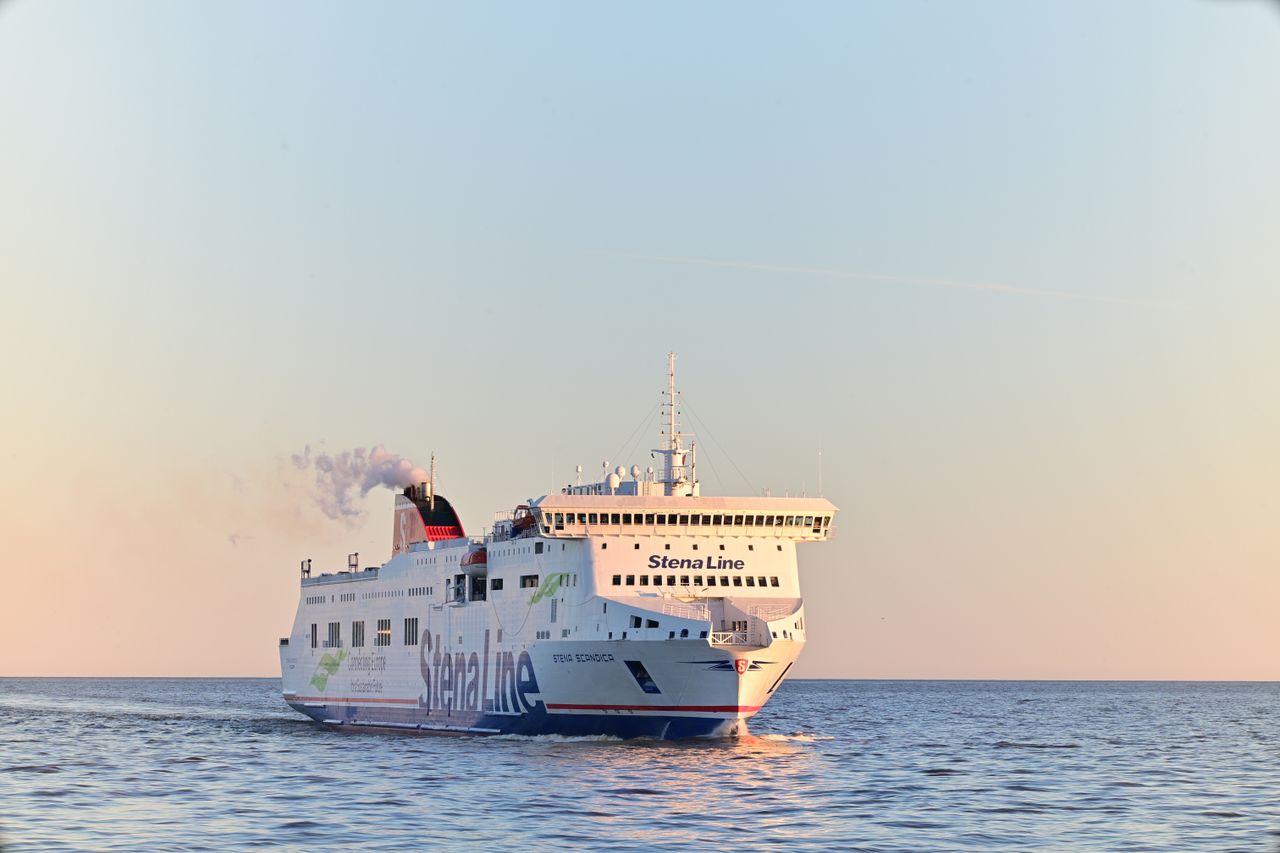 who-we-are Stena Line ferry sailing in Baltic Sea near Ventspils at sunset.