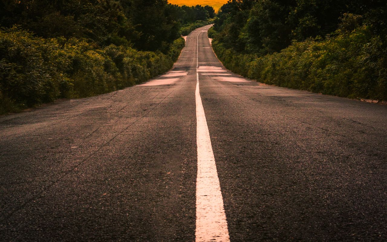 why-choose-us A scenic empty road stretches into the distance, surrounded by lush green foliage under a warm sky.